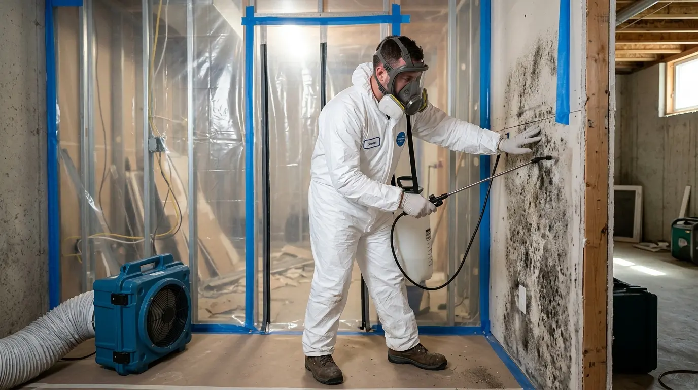 Gold Tech Restoration specialist performing mold remediation in Medford